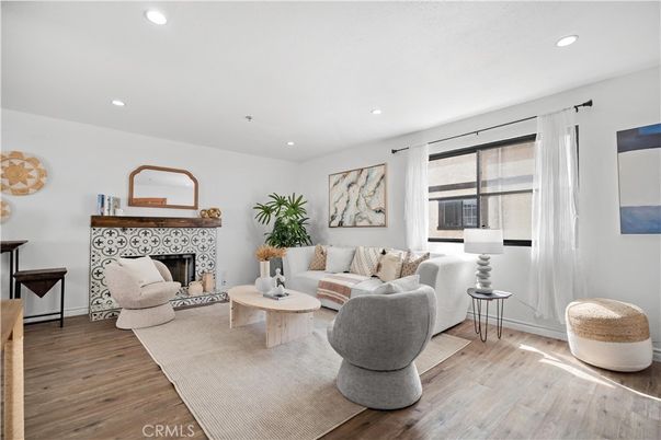 Fireplace, Interior, Living room, Recessed Lighting, Wood Texture Flooring
