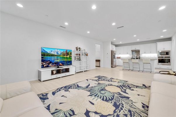 Interior, Kitchen, Living room, Recessed Lighting, Stainless Steel Appliances, Wood Texture Flooring