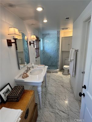Bathroom, Glass Shower, Interior, Marble, Marble Walls, Recessed Lighting