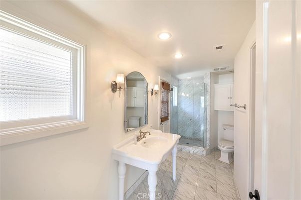 Bathroom, Glass Shower, Interior, Marble, Marble Walls, Recessed Lighting