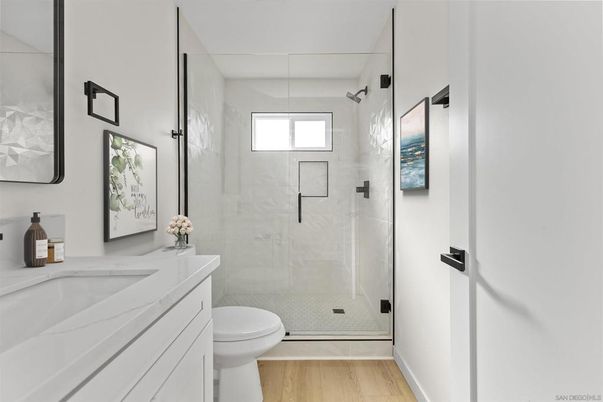 Bathroom, Glass Shower, Interior, Wood Texture Flooring