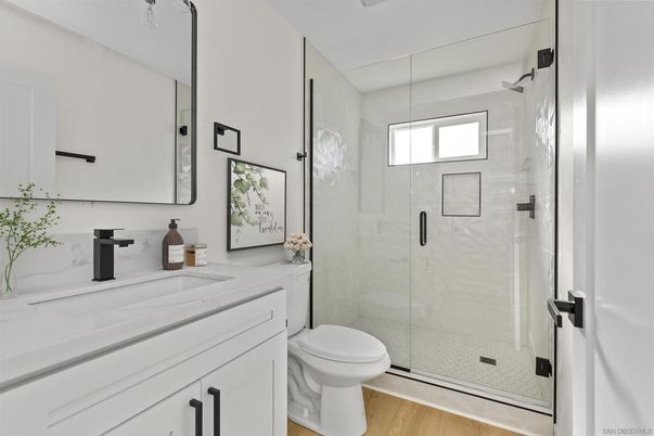 Bathroom, Glass Shower, Interior, Wood Texture Flooring