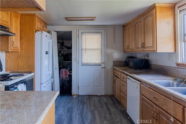 Interior, Kitchen, Tile Countertops, Wood Texture Flooring