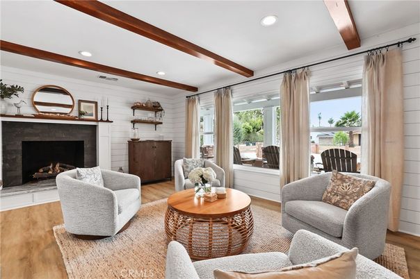 Fireplace, Interior, Living room, Recessed Lighting, Wooden Beams, Wood Texture Flooring