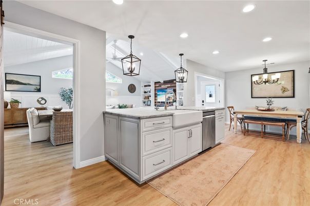 Dining room, Interior, Kitchen, Pendant Lights, Recessed Lighting, Stainless Steel Appliances, Wood Texture Flooring