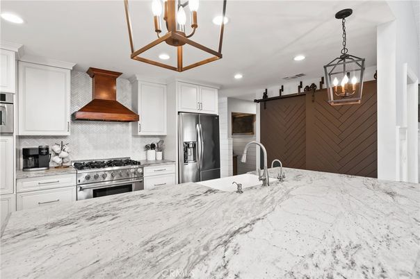 Chandelier, Interior, Kitchen, Pendant Lights, Recessed Lighting, Stainless Steel Appliances