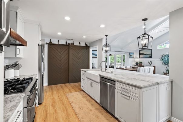 Interior, Kitchen, Pendant Lights, Recessed Lighting, Stainless Steel Appliances, Wood Texture Flooring