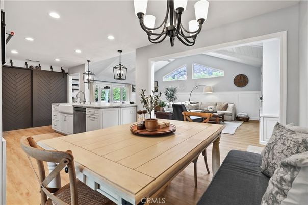 Chandelier, Dining room, Interior, Kitchen, Living room, Pendant Lights, Recessed Lighting, Wood Texture Flooring