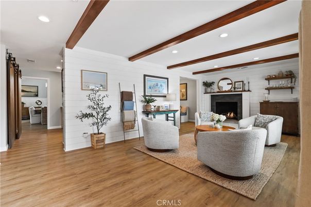 Fireplace, Interior, Living room, Recessed Lighting, Wooden Beams, Wood Texture Flooring