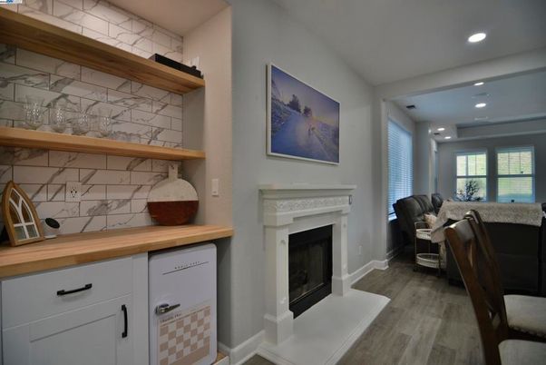 Fireplace, Interior, Recessed Lighting, Wood Texture Flooring