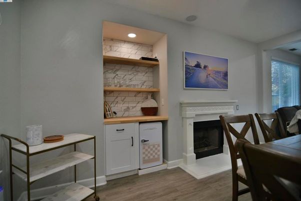 Fireplace, Interior, Recessed Lighting, Wood Texture Flooring