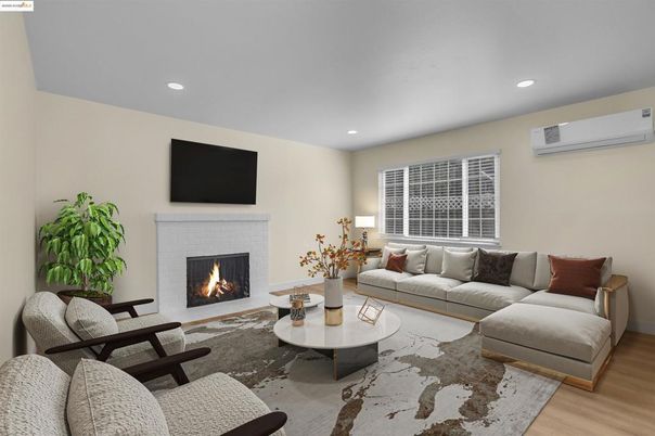 Fireplace, Interior, Living room, Recessed Lighting, Wood Texture Flooring