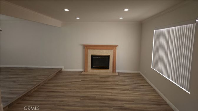 Empty room, Fireplace, Interior, Recessed Lighting, Wood Texture Flooring