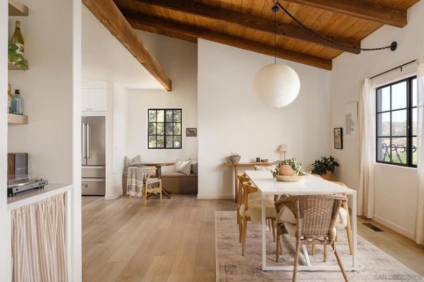 Dining room, Interior, Pendant Lights, Wooden Beams, Wooden Ceilings, Wood Texture Flooring