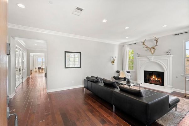 Fireplace, Interior, Living room, Recessed Lighting, Wood Texture Flooring