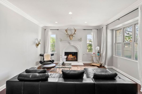 Fireplace, Interior, Living room, Recessed Lighting, Wood Texture Flooring