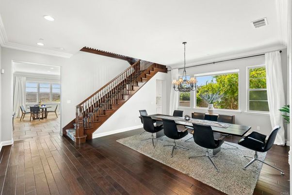 Chandelier, Dining room, Interior, Recessed Lighting, Wood Texture Flooring