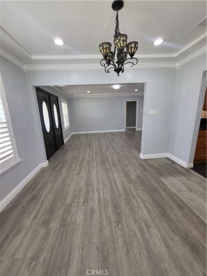 Chandelier, Empty room, Interior, Recessed Lighting, Wood Texture Flooring