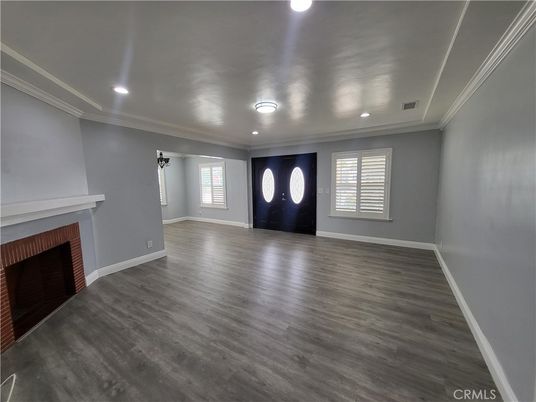Empty room, Fireplace, Interior, Recessed Lighting, Wood Texture Flooring