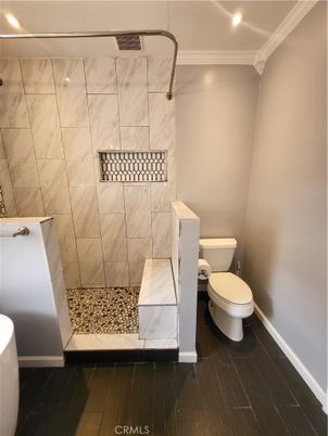 Bathroom, Interior, Marble Walls, Recessed Lighting, Wood Texture Flooring