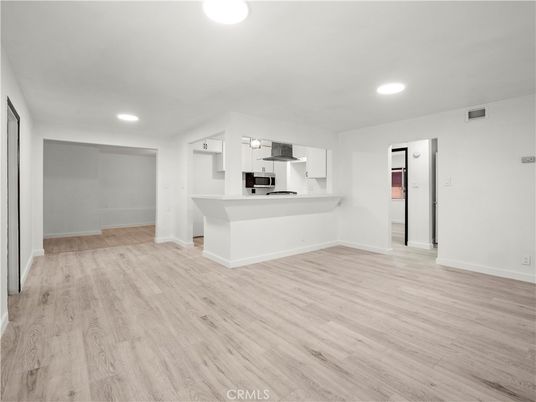 Empty room, Interior, Kitchen, Recessed Lighting, Wood Texture Flooring