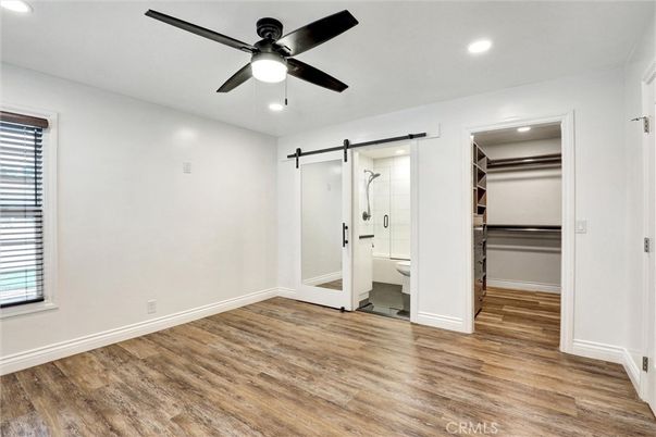 Bathroom, Empty room, Glass Shower, Interior, Recessed Lighting, Wood Texture Flooring