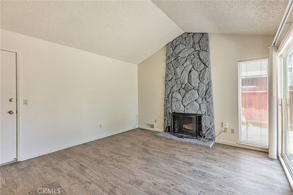 Empty room, Fireplace, Interior, Stone Walls, Wood Texture Flooring