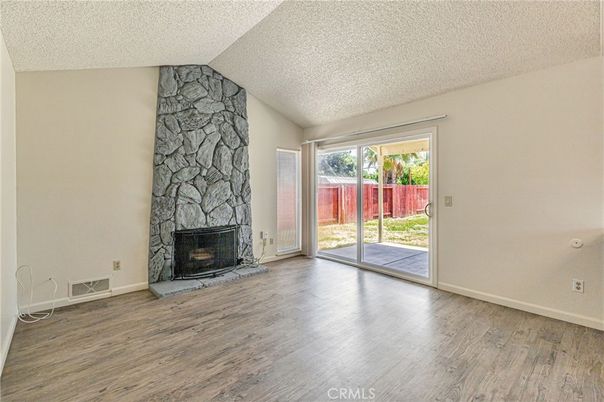Empty room, Fireplace, Interior, Stone Walls, Wood Texture Flooring