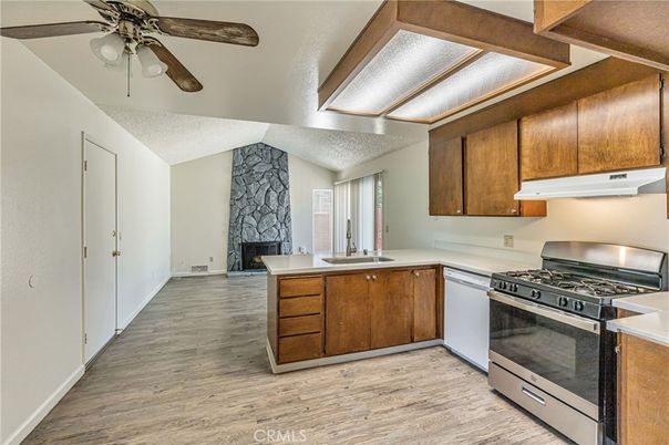 Fireplace, Interior, Kitchen, Stone Walls, Wood Texture Flooring