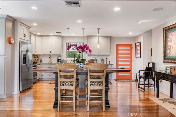 Dining room, Interior, Kitchen, Pendant Lights, Recessed Lighting, Stainless Steel Appliances, Wood Texture Flooring