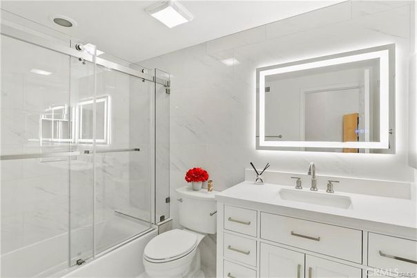Bathroom, Glass Shower, Interior, Marble Walls, Recessed Lighting