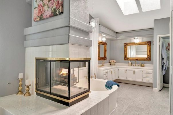 Bathroom, Fireplace, Glass Shower, Interior