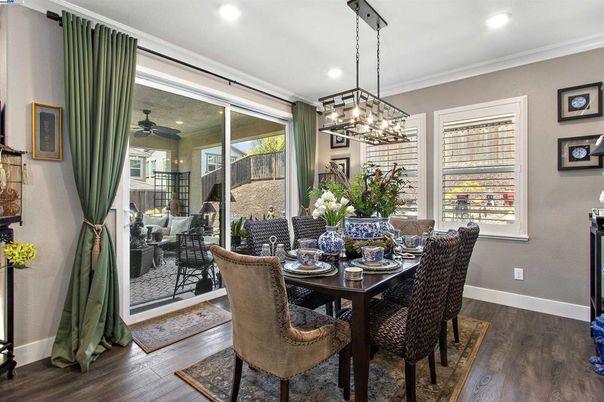 Dining room, Interior, Pendant Lights, Recessed Lighting, Wood Texture Flooring