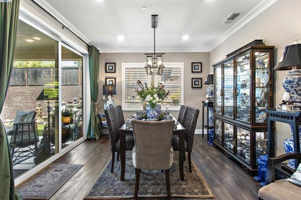 Dining room, Interior, Pendant Lights, Recessed Lighting, Wood Texture Flooring