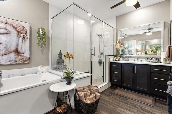 Bathroom, Glass Shower, Interior, Wood Texture Flooring