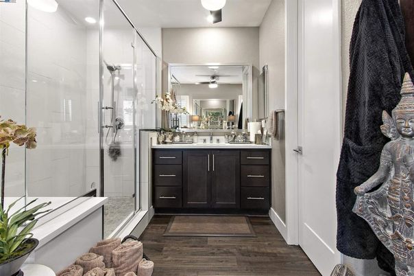 Bathroom, Glass Shower, Interior, Recessed Lighting, Wood Texture Flooring