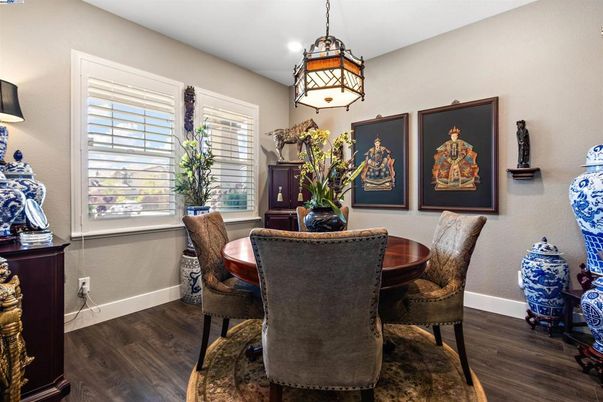 Dining room, Interior, Pendant Lights, Recessed Lighting, Wood Texture Flooring