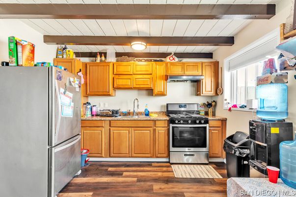 Interior, Kitchen, Stainless Steel Appliances, Wooden Beams, Wood Texture Flooring