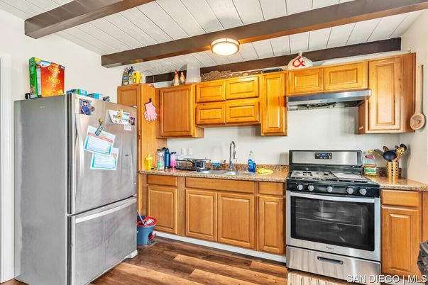 Interior, Kitchen, Stainless Steel Appliances, Wooden Beams, Wood Texture Flooring