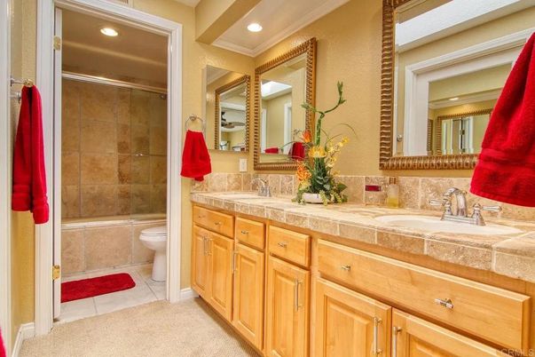 Bathroom, Dual Sink Vanities, Interior, Recessed Lighting, Tile Countertops