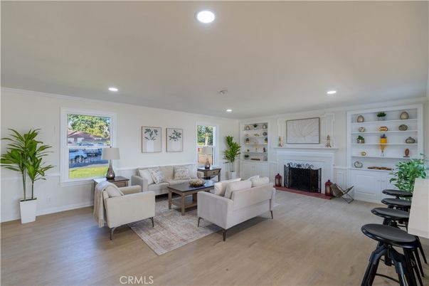 Fireplace, Interior, Living room, Recessed Lighting, Wood Texture Flooring