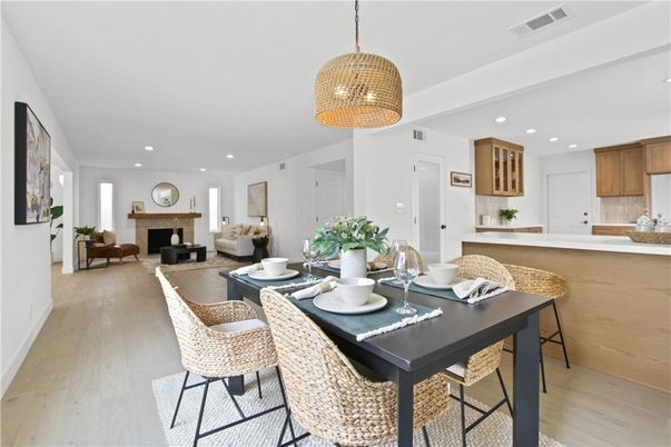 Dining room, Fireplace, Interior, Kitchen, Living room, Pendant Lights, Recessed Lighting, Wood Texture Flooring