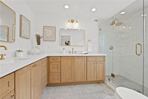 Bathroom, Dual Sink Vanities, Glass Shower, Interior, Recessed Lighting