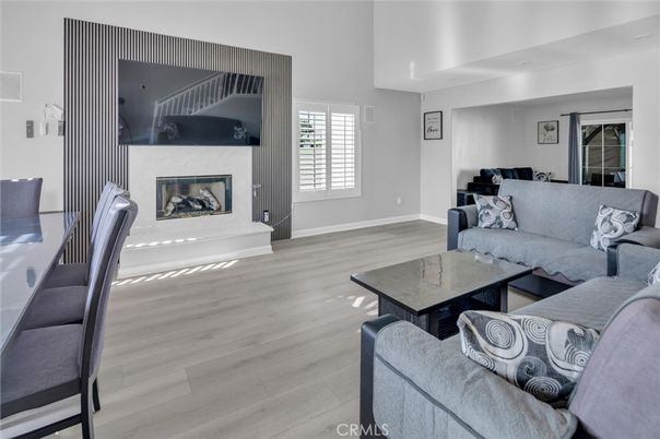 Dining room, Fireplace, Interior, Living room, Wood Texture Flooring