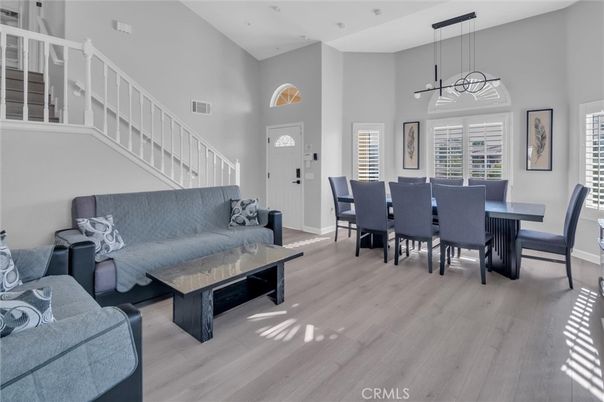 Dining room, Interior, Living room, Pendant Lights, Wood Texture Flooring