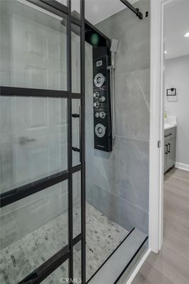 Bathroom, Glass Shower, Interior, Recessed Lighting, Wood Texture Flooring