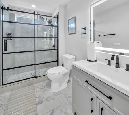 Bathroom, Glass Shower, Interior, Marble, Recessed Lighting