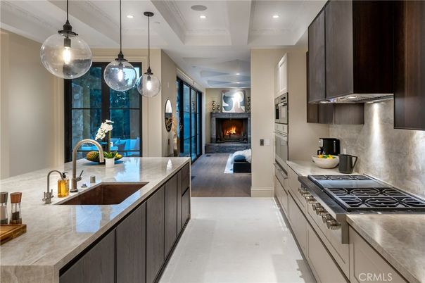 Fireplace, Interior, Kitchen, Living room, Pendant Lights, Recessed Lighting, Wood Texture Flooring