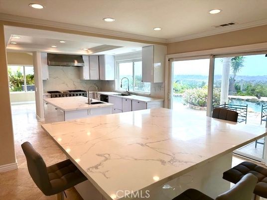 Interior, Kitchen, Marble Walls, Recessed Lighting, Stainless Steel Appliances