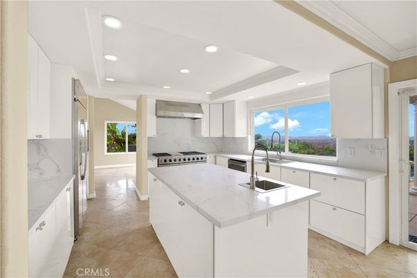 Interior, Kitchen, Marble Walls, Recessed Lighting, Stainless Steel Appliances